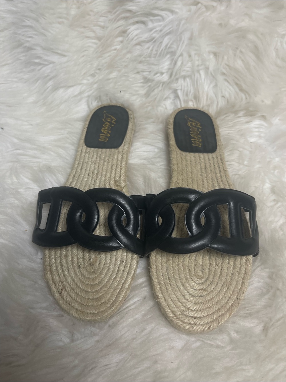 Liliana synthetic Black Link-Detail Slide Sandals with natural woven footbed SZ8